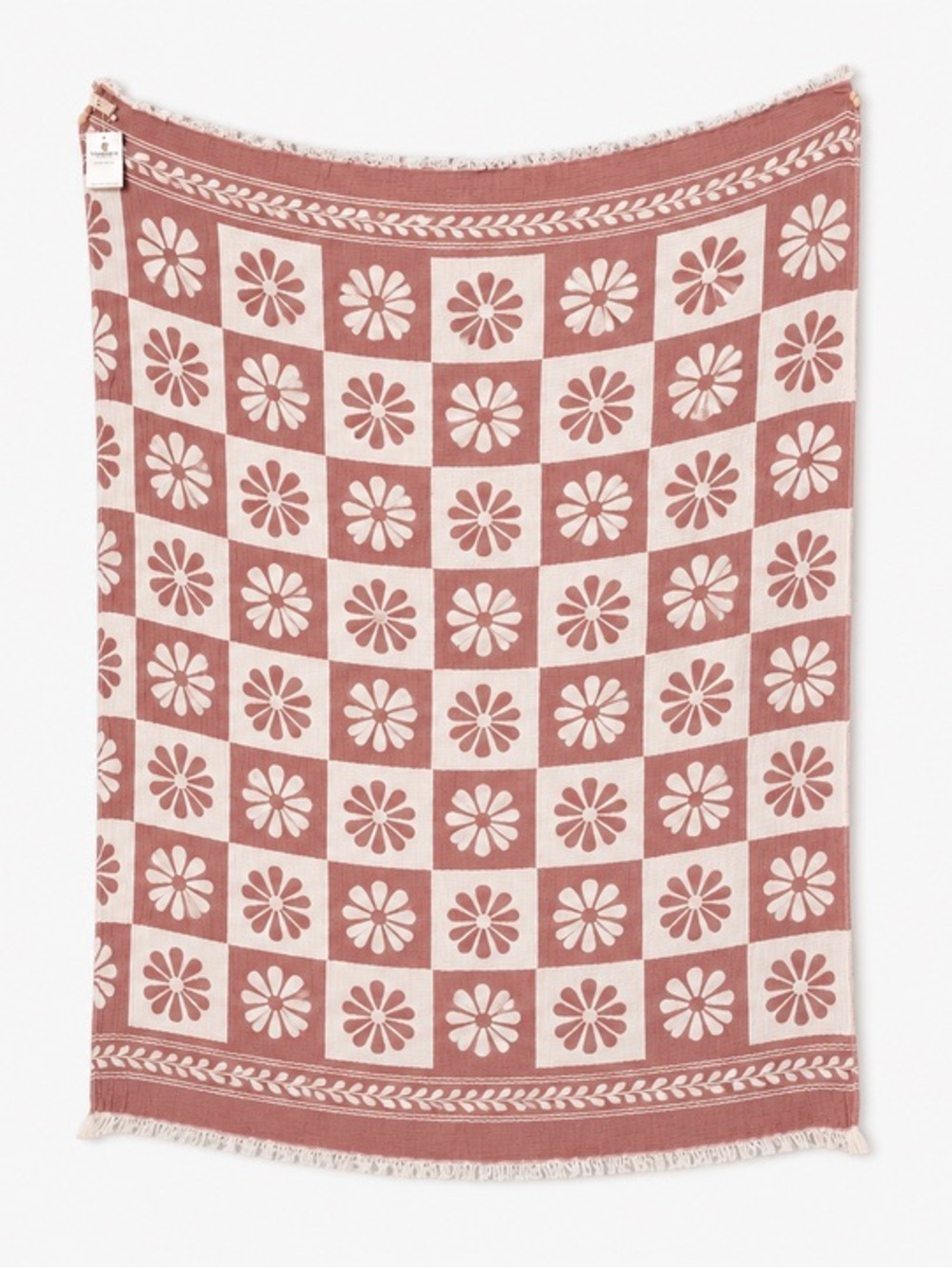 Floral Daisy Patchwork Woven + Quilted Muslin Throw Blanket in Clay Red 55x72